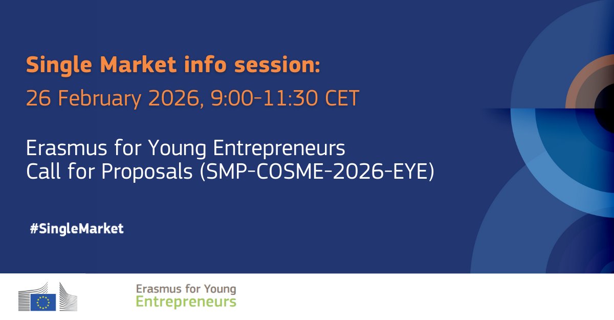 EU_EISMEA's tweet image. ℹ️ Last reminder: the registrations for the next #SingleMarket info session are open till 25 February!

Join us online session to learn more about the Erasmus for Young Entrepreneurs #EYE call!  

🗓️ 26 February
🕘 9:00-11:30 CET

Book your place now 👉 link.europa.eu/TnGdgJ