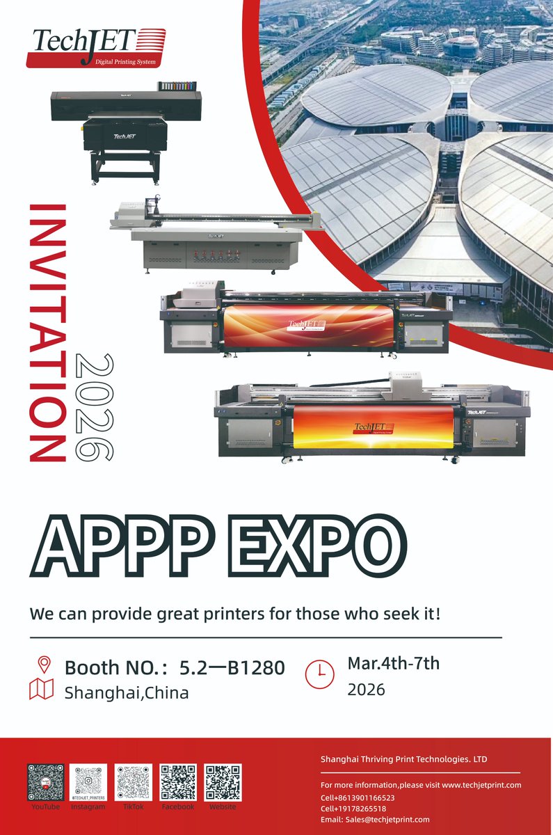 Techjetprinters's tweet photo. We're exhibiting at APPP EXPO 2026 in Shanghai!
📍 Booth 5.2-B1280
📅 March 4–7
Come see our UV flatbed printers in action.
 https://t.co/VbmyPJvJpG
📧 Sales@techjetprint.com
#APPPEXPO2026 #TechJET #ShanghaiExpo #DigitalPrinting #UVPrinter https://t.co/CNlEWqCvrv