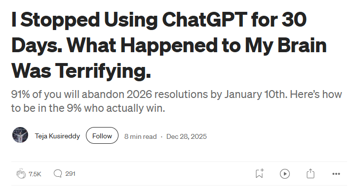 ในขณะที่คนสนุกสนานกับการใช้ AI แอดก็ไปเจอบทความหนึ่งใน Medium ที่เค้าเขียนเมื่อปลายปีที่แล้ว

เขาเล่าว่าเขาลองหยุดใช้ AI 30 วันเต็ม ๆ ไม่ใช้ ChatGPT ไม่ใช้เครื่องมือช่วยคิดอะไรทั้งนั้น ใช้สมองตัวเองล้วน ๆ 55555 จะไหวไหมนะ.......

จุดเริ่มต้นมันธรรมดามาก แค่เขาเขียนอีเมลอยู่