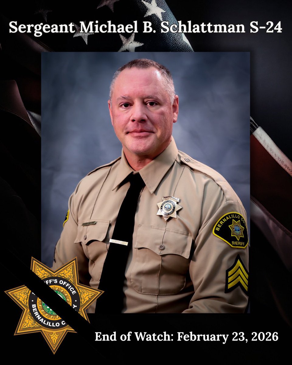 BCSONM's tweet image. The Bernalillo County Sheriff’s Office is devastated to announce the line of duty death of Sergeant Michael Schlattman, who died this evening as a result of injuries sustained during a traffic stop on Interstate 40 eastbound near the 170.

Sergeant Schlattman was hired by the