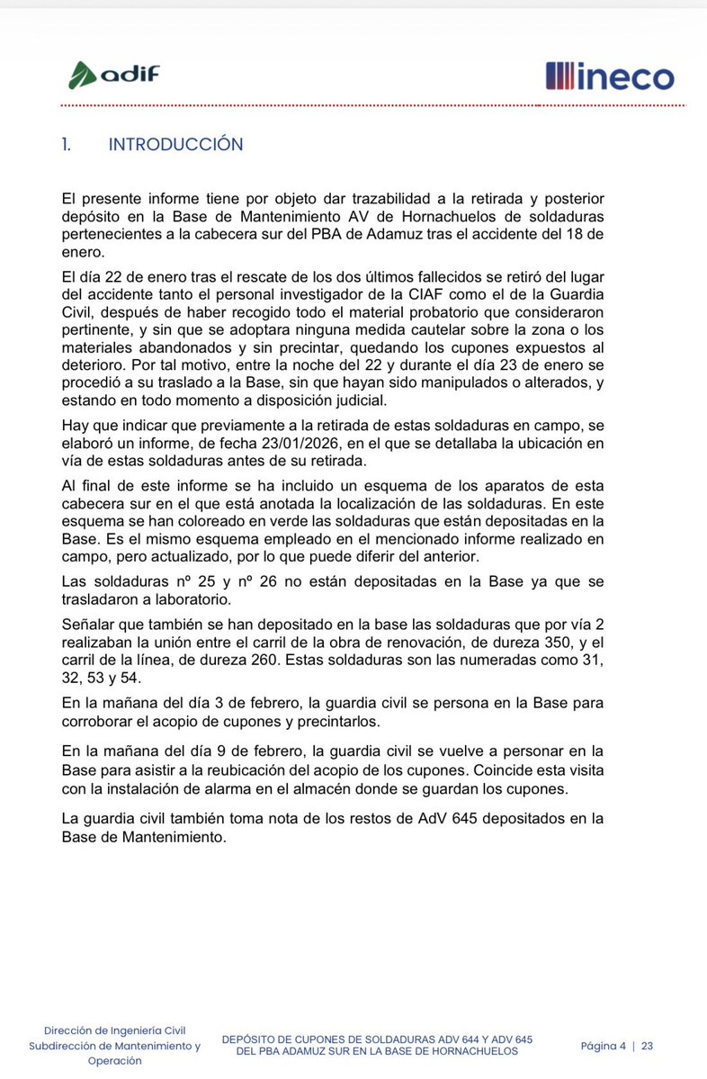 Cuando te haces eco de lo que cuenta la fachobulosfera pasa esto. Vivimos en la era de la desinformación y de la intoxicación. Aquí introducción del informe de caracterización de los restos(de 23 folios) que no se llevó ni Guardia Civil, ni CIAF, y que Adif tuvo la precaución de