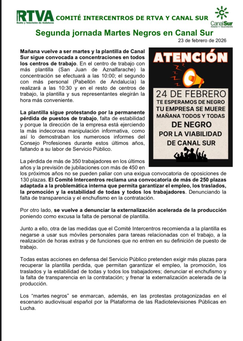 Segundo #MartesNegros en #CanalSur contra la manipulación, el enchufismo, la externalización y la estabilización de una plantilla suficiente para garantizar un servicio público esencial para la ciudadanía de #Andalucía #periodismo
