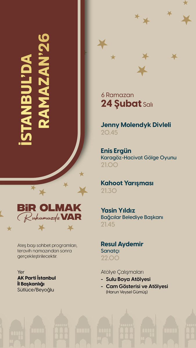 Ramazan’ın bereketini ve kardeşlik ruhunu birlikte yaşıyoruz. 🌙
AK Parti İstanbul İl Başkanlığımızda her akşam gerçekleşen Ramazan etkinliklerimize tüm İstanbulluları bekliyoruz.

📍 AK Parti İstanbul İl Başkanlığı 
🗓 24 Şubat Salı
🕘 20:45 

#BirOlmakRuhumuzdaVar