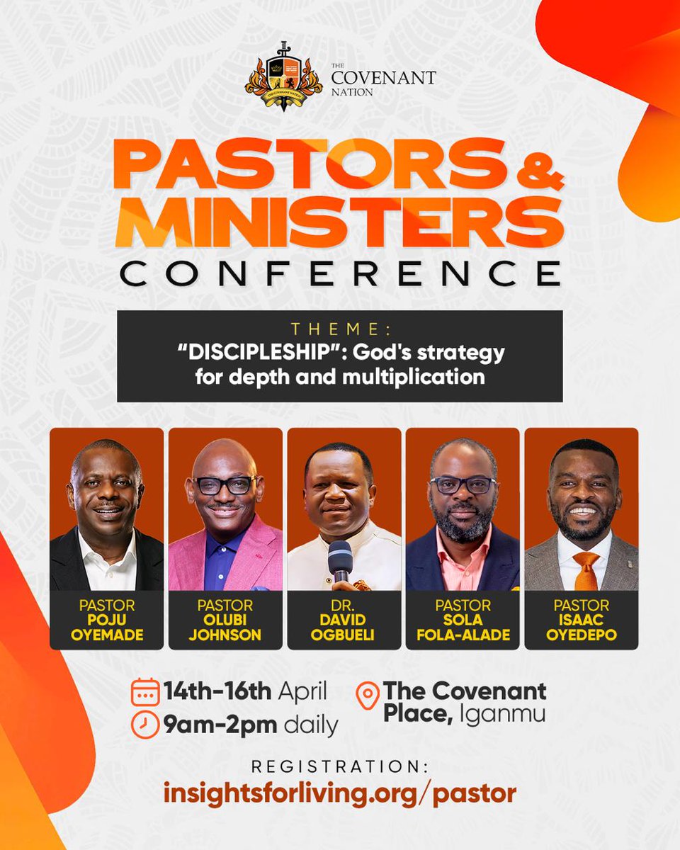 pastorpoju's tweet photo. We will be holding a Pastors and Ministers Conference focused on discipleship.

Our great commission reads this way 

Matthew 28:19
"Go then and make disciples of all the nations, baptizing them into the name of the Father and of the Son and of the Holy Spirit"

If you intend to physically attend this conference then you should register here today.

Register https://t.co/9VjoRBrYZv

Admission is free.

Date: 14th to 16th April.

Venue: The Covenant Place Iganmu Lagos.

Time: 9.00am to 2.00pm.

Speakers 
@olubijohnson 
@DAVIDOGBUELI 
Pastor Fola Alade
@ISAACOYEDEPO
@pastorpoju