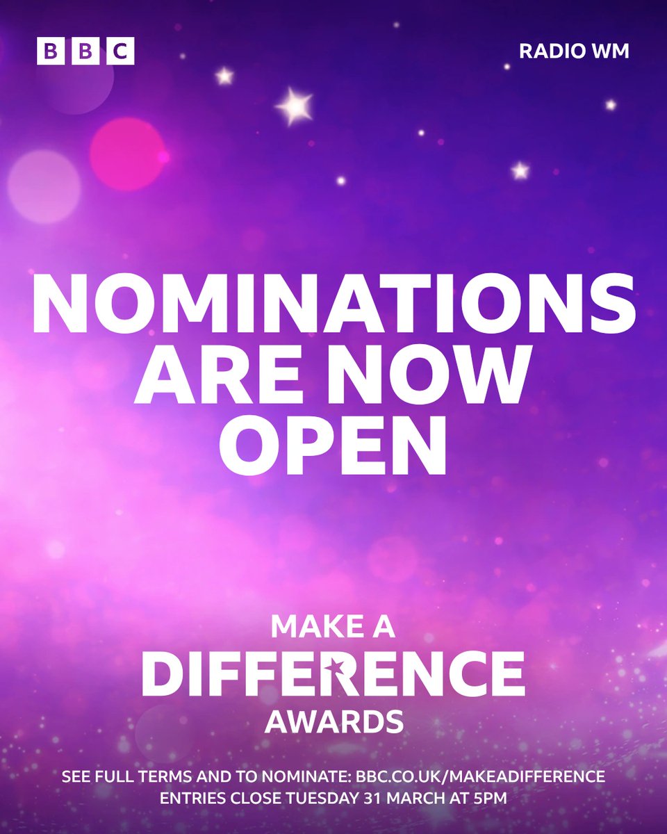 bbcmtd's tweet photo. Say thank you to someone who makes life better where you live – nominate them now for a BBC Radio WM Make a Difference Award. 

See a full list of categories and our terms: https://t.co/fMSGxY8G3h 

Nominations are open until 5pm on 31 March 2026.

#BBCMakeADifference https://t.co/JS6jj4KpY1