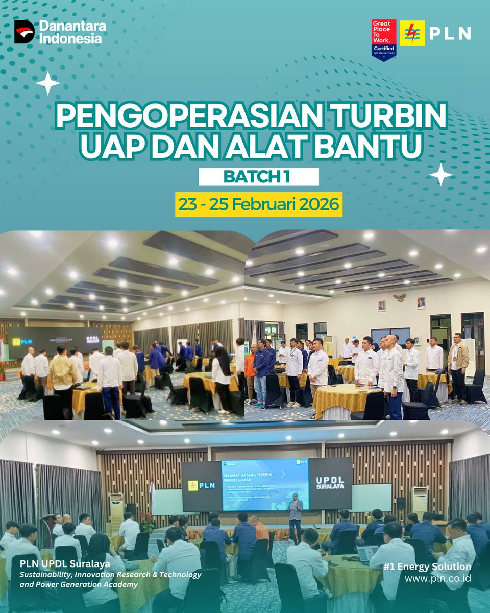 InsightSura's tweet photo. Menghadapi tantangan teknis di unit pembangkit memerlukan pemahaman mendalam. Untuk itu PLN UPDL Suralaya menyelenggarakan Pelatihan Pengoperasian Turbin Uap dan Alat Bantu - Batch 1 di Suralaya. https://t.co/RwXfZGEKgu