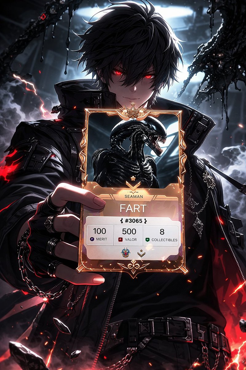 M_DANNY_M's tweet image. The underground arena went silent when the card hit the table. Most players laughed at the name "FART"—until the gold frame began to bleed shadows.
"Names are just a distraction," he whispered, his red eyes glowing in the dark. 
@oshikatsu_co 
#OshiID #GATE2