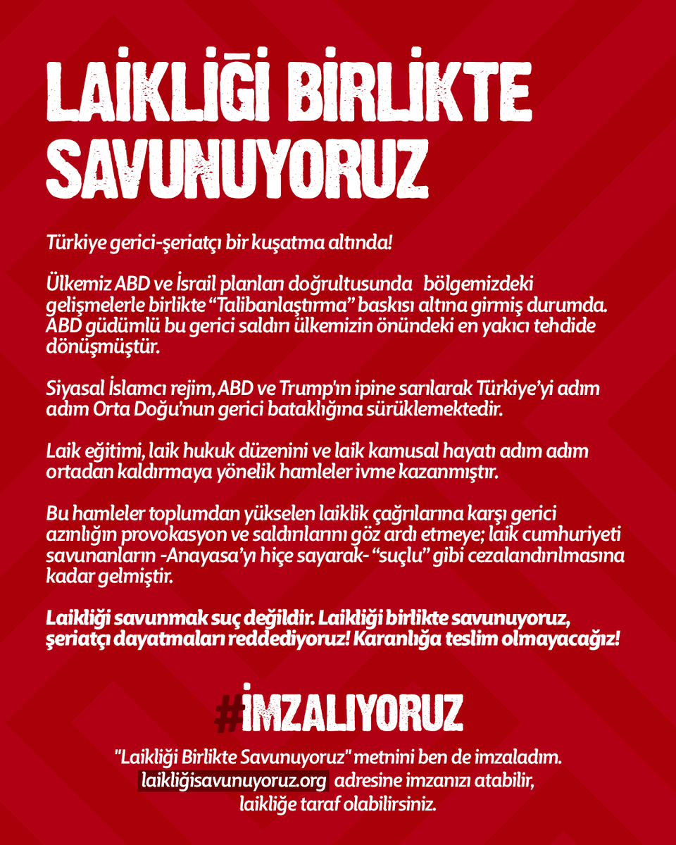 'Laikliği Savunuyoruz' imza kampanyası 40 bine ulaştı! 

Laiklik din ve vicdan hürriyetinin güvencesidir. Türkiye Cumhuriyeti rejiminin yerinden sarsılmaz, sarsılamaz bir taşıdır. 

Laikliğe saldıranlar anayasal bir suç işlediğinin farkında olarak işlesinler. 

Laiklikten