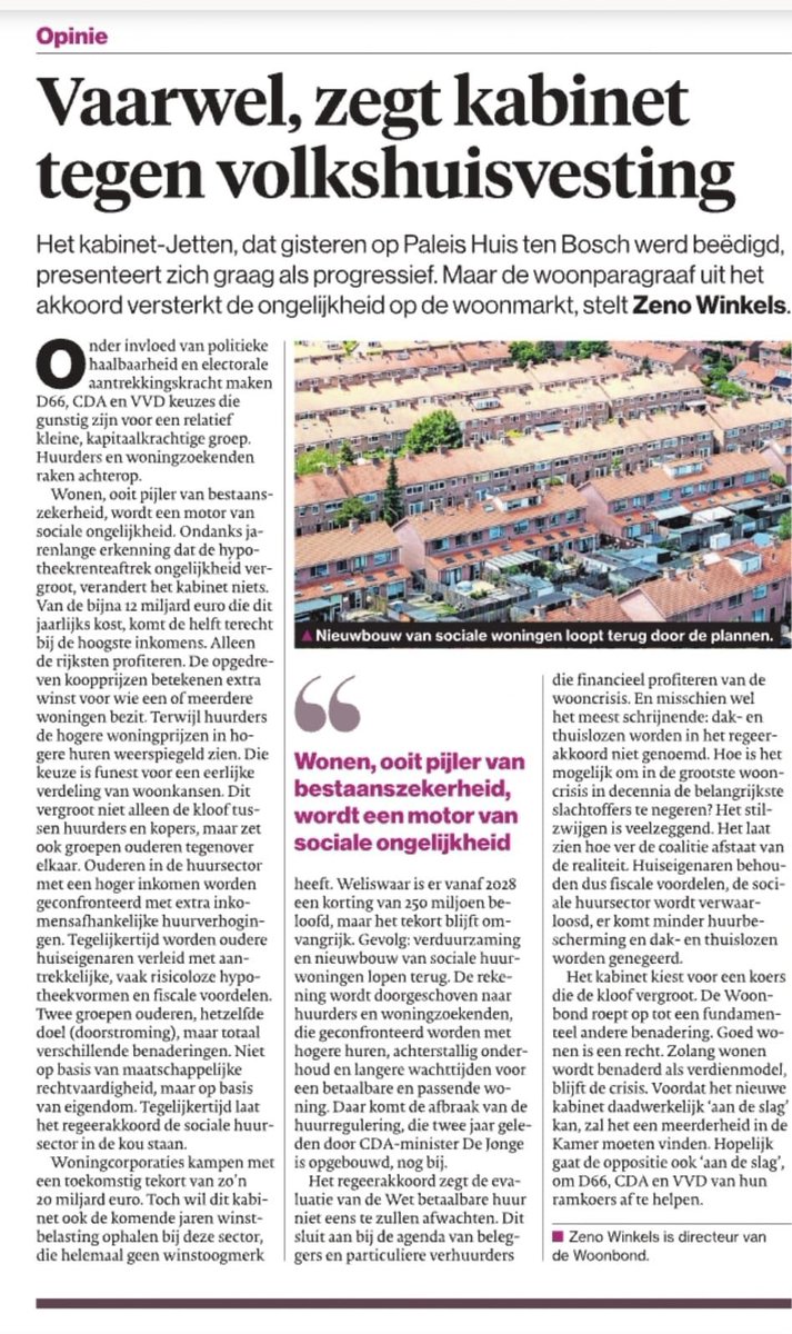Vandaag een stevige opinie van de <a href="/Woonbond/">Woonbond</a> in het AD.

Dat is terecht want met de plannen van het kabinet zien huurders hun huren stijgen, en komen woningzoekenden niet aan de beurt. 

“Wonen, ooit een pijler va bestaanszekerheid, wordt een motor van sociale ongelijkheid”