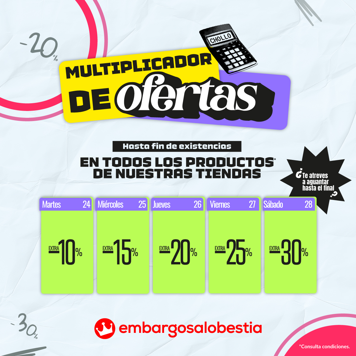 HOY -𝟭𝟬% de DESCUENTO en TODA la tienda física
ADEMÁS si el producto que te lleves ya estaba rebajado antes ¡SE SUMAN LAS OFERTAS! cada día de la semana iremos INCREMENTANDO LOS DESCUENTOS 
HASTA AGOTAR EXISTENCIAS ¿Te atreves a aguantar hasta el final?👉bit.ly/4cc50xg
