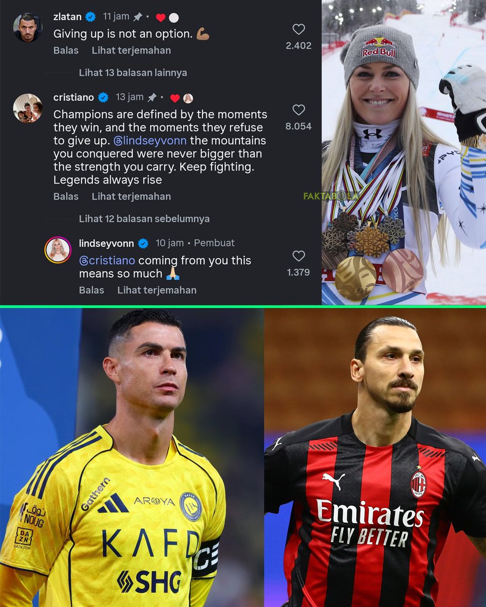 Komentar terbaru Cristiano Ronaldo: "para pemenang ditentukan oleh momen-momen saat mereka menang, dan oleh momen-momen ketika mereka menolak untuk menyerah. Gunung-gunung yang kamu taklukkan tidak pernah lebih besar daripada kekuatan yang kamu miliki. Teruslah berjuang. Legenda