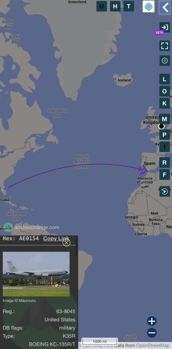 stunorth69's tweet photo. πΊπΈ #USAF KC-135 Stratotanker
#AE0154 /63-8045
MacDill AFB (KMCF)>Moron (LEMO) ?
Looks to be tracking into Moron over the Gulf of Cadiz
@sipjack1776 @Gh0str1dr91
#FreeIran https://t.co/RNx4t1fzgL