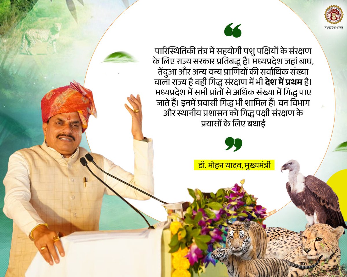 minforestmp's tweet photo. पारिस्थितिकी तंत्र में सहयोगी पशु पक्षियों के संरक्षण के लिए राज्य सरकार प्रतिबद्ध है। मध्यप्रदेश जहां बाघ, तेंदुआ और अन्य वन्य प्राणियों की सर्वाधिक संख्या वाला राज्य है वहीं गिद्ध संरक्षण में भी देश में प्रथम है।

- मुख्यमंत्री डॉ. मोहन यादव 

@DrMohanYadav51 @CMMadhyaPradesh https://t.co/oBNy5ruIbt