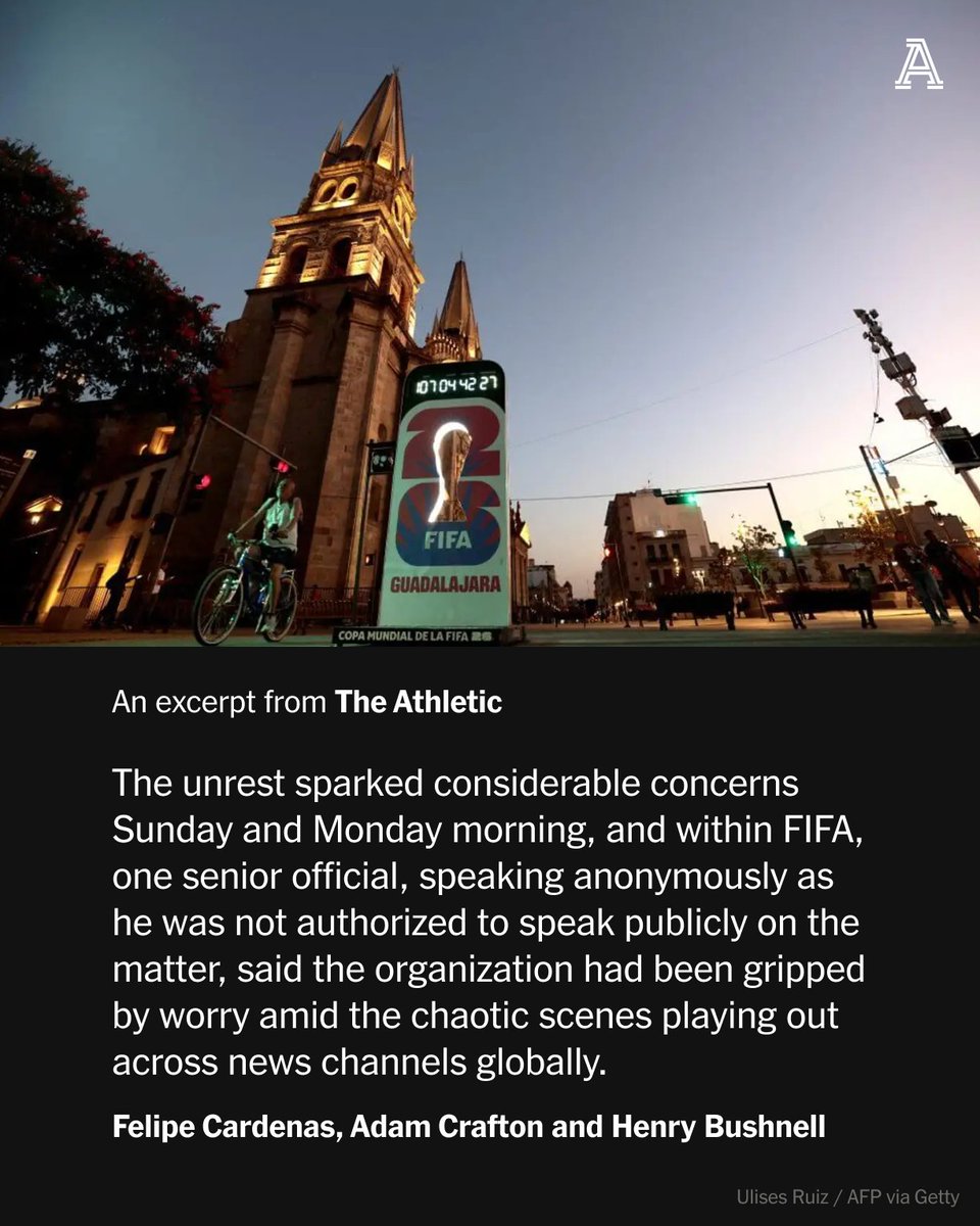 TheAthleticFC's tweet photo. On Monday, one senior official told The Athletic that FIFA had been worried by the chaotic scenes in Mexico and warned that the World Cup playoff games may become vulnerable to relocation if it cannot be swiftly satisfied that all participants and stakeholders will be safe.

Late last night, a FIFA spokesperson said there were not significant concerns, that it had “full confidence” in all three World Cup host countries but stopped short of confirming that March's playoff games will remain in Guadalajara.

@FelipeCar, @AdamCrafton_  and @HenryBushnell explain what the outbreak of cartel violence means for FIFA's World Cup plans and next month's play-offs.

🔗 https://t.co/FMiVo50Ukk