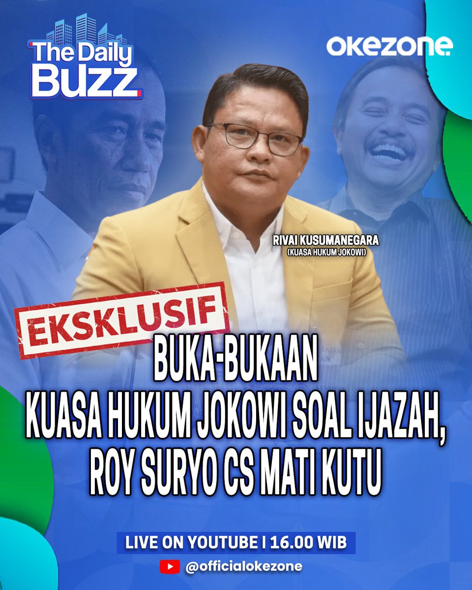 okezonenews's tweet photo. The Daily Buzz hari ini
Eksklusif! Buka-bukaan Kuasa Hukum Jokowi soal Ijazah, Roy Suryo Cs Mati Kutu
Narasumber:
Rivai Kusumanegara (Kuasa Hukum Jokowi)
#okezone #okezonecom #thedailybuzzokezone #thedailybuzz #roysuryocs #jokowi #ijazah #roysuryo https://t.co/WEpnKkLggf