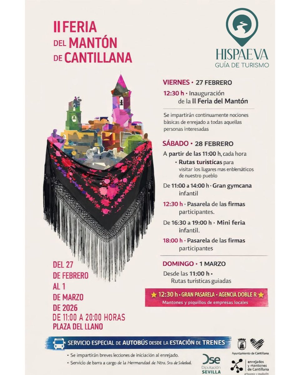 hispaeva's tweet photo. 𝐃Í𝐀 𝐃𝐄 𝐀𝐍𝐃𝐀𝐋𝐔𝐂Í𝐀. 𝐈𝐈 𝐅𝐄𝐑𝐈𝐀 𝐃𝐄𝐋 𝐌𝐀𝐍𝐓Ó𝐍.
 
Ven y embriágate de las maravillas de 𝐂𝐚𝐧𝐭𝐢𝐥𝐥𝐚𝐧𝐚, 𝐞𝐥 𝐜𝐨𝐫𝐚𝐳ó𝐧 𝐝𝐞 𝐥𝐚 𝐕𝐞𝐠𝐚.

📍 Plaza del Llano
🗓️ 27, 28 de febrero y 1 de marzo de 2026

#HispaevaTours #Cantillana #Andalucia #Turismo https://t.co/DRzF6NILtF