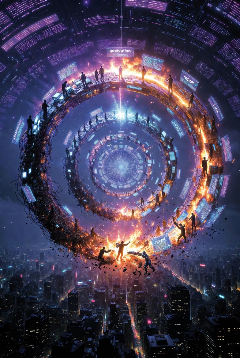 Tech's historic loop in one glance:

1.Innovation sparks freedom with shiny new tools.

2.Dependency creeps in, turning us into captives.

3.Revolt hits—we smash it all for independence (think Luddites trashing machines in the 1800s).

4.Rebirth: From the ashes, the cycle