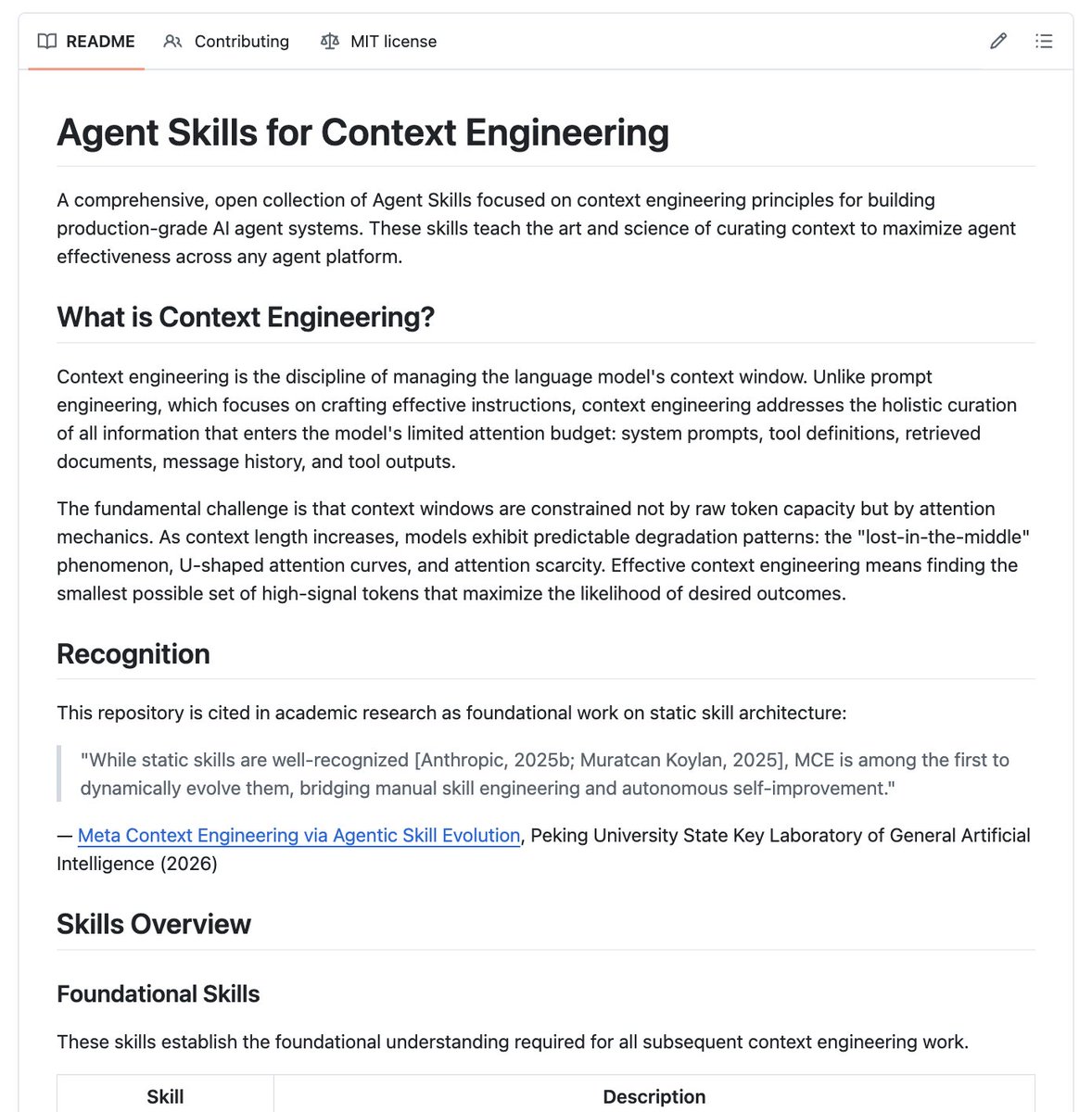🚨 Anthropic just open-sourced their entire playbook for building production AI agents.

It's called Agent Skills for Context Engineering and it's what their engineers actually use.

- Context fundamentals &amp; degradation patterns
- Multi-agent architectures
- Memory systems design