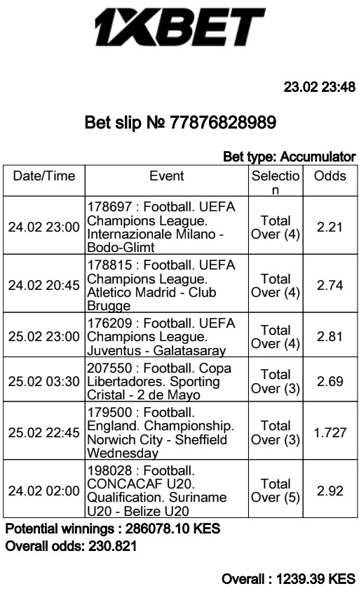 Slip 1
Today and tomorrow we are going full throttle. Risky one, you can edit.
#1xBet