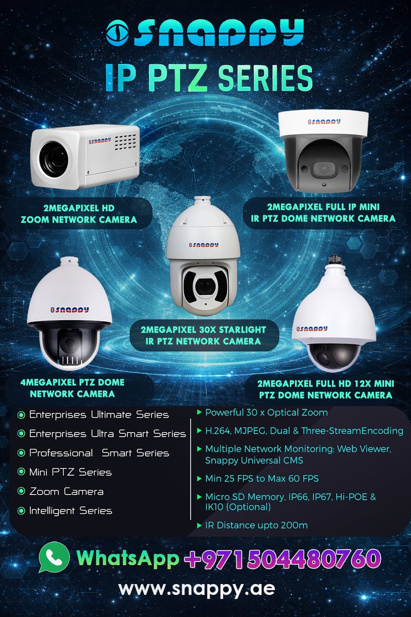 vostokuae's tweet image. Upgrade your surveillance with SNAPPY IP PTZ Series

✔ 2MP &amp;amp; 4MP Options
✔ Powerful 30x Optical Zoom
✔ Up to 200m IR Distance
✔ IP66 / IP67 Rated
✔ 25–60 FPS Performance

📲 WhatsApp: +971 504480760
🌐 snappy.ae
#Snappy #PTZCamera #IPCamera #SecuritySolutions