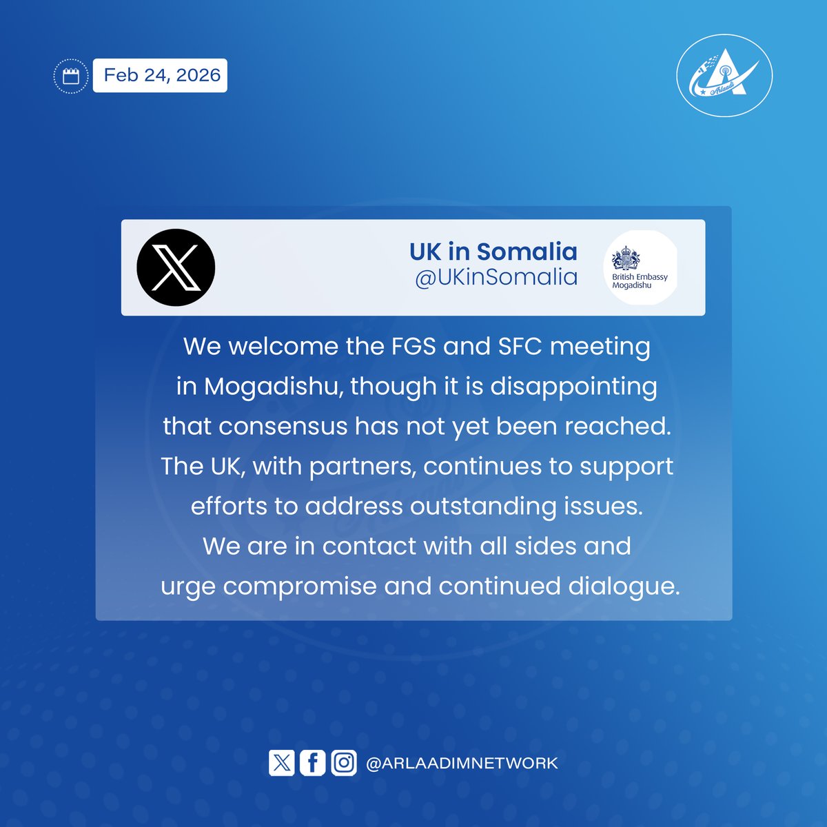 ⚡️BREAKING: The British Embassy in #Mogadishu said it “welcomes” the meeting between the Federal Government of #Somalia (FGS) and the #Somali Future Council (SFC) but expressed disappointment that a consensus has not yet been reached. “The #UK, alongside our international