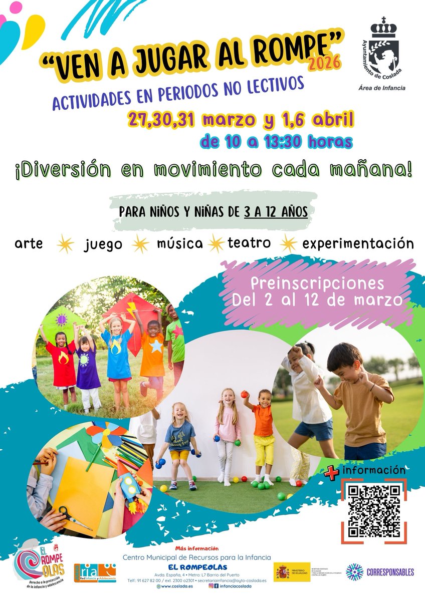 🌞 ¡¡Ven a jugar al Rompe!! Área de Infancia 

Del 2 al 12 de marzo se abrirá el plazo de solicitud de las actividades en Semana Santa para niños y niñas en #ElRompeolas 🎨⚽🎭

ℹ️ Más información ➡️ acortar.link/oPpvLy

#Coslada