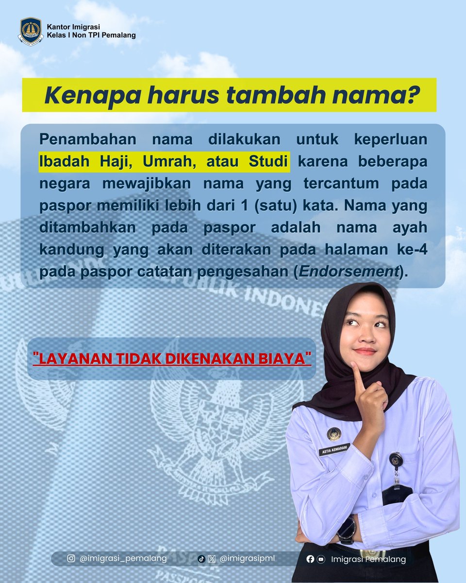 imigrasipml's tweet photo. Halo sobat MIDO👋🏻👋🏻
Kamu berencana berkunjung ke Negara yang mengharuskan nama terdiri dari minimal 2 kata?
Kamu bisa menambahkan nama dalam paspor kamu loh!!
Simak caranya dalam infografis diatas ya sobat MIDO😉

Tapi kalau kamu masih ada kendala, bisa DM kami yaa👀💕 https://t.co/C3ZFfDk8A3