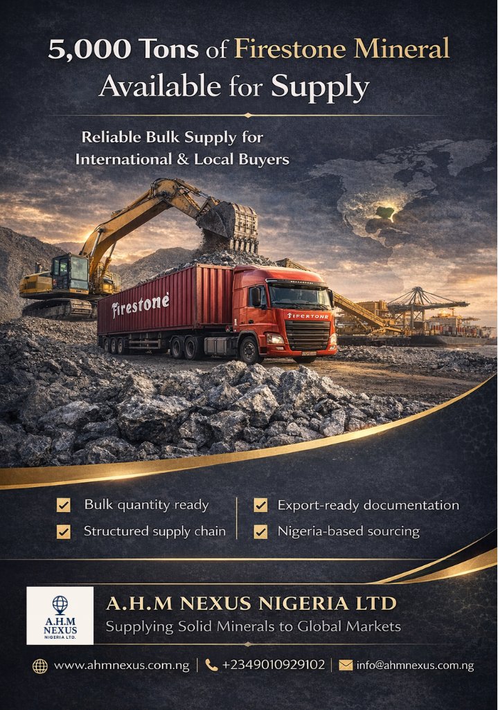 AHMNexusNig's tweet image. 5,000 Tons of Firestone Mineral available for bulk supply.

Structured sourcing. Export-ready documentation. Reliable logistics.

Serious local &amp;amp; international buyers — let’s connect.

📩 info@ahmnexus.com.ng
#SolidMinerals #BulkSupply #GlobalTrade #Expor5t