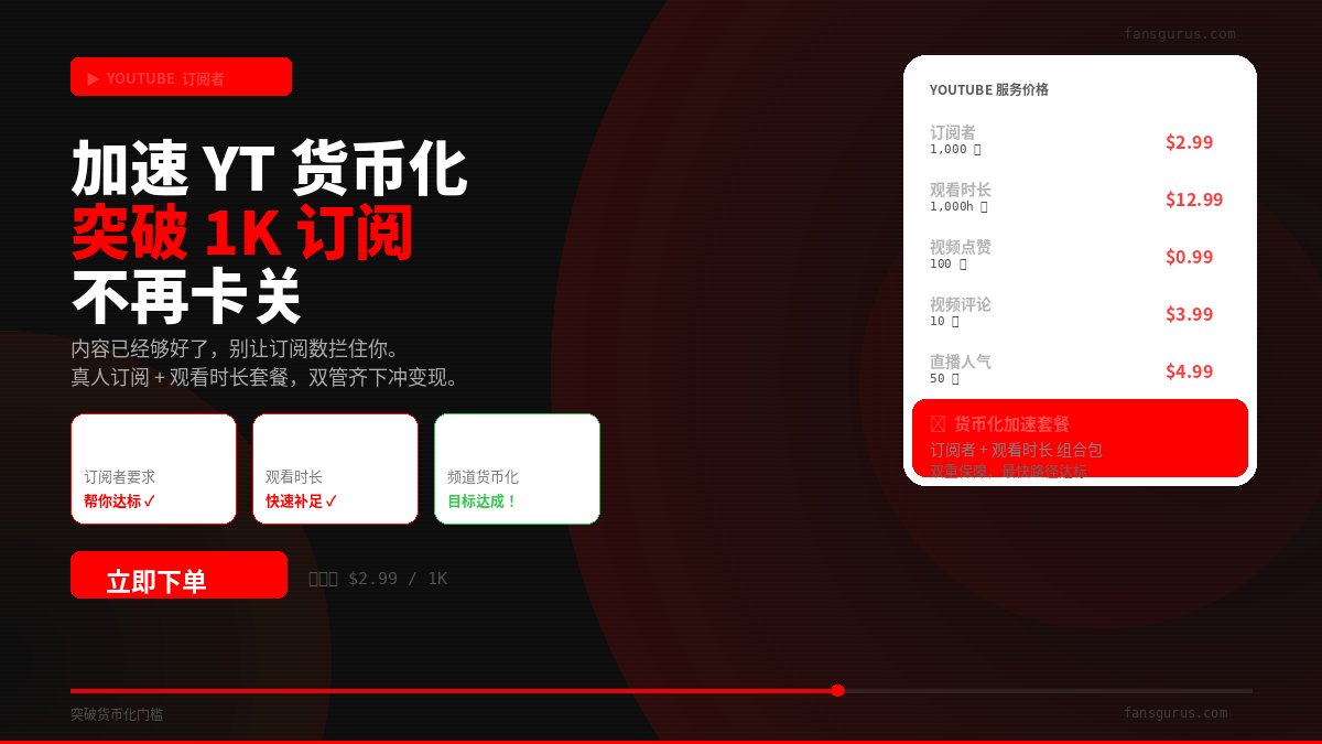 YouTube 4,000小时 + 1,000订阅

卡在这里，你不孤单 ☹️

很多创作者在这里放弃了
明明内容已经很好

Fansgurus YouTube服务：
✅ 真实订阅者，非机器人
✅ 观看时长套餐（助力货币化）
✅ 稳定交付，不触发YT系统
✅ 掉粉补量保障

货币化的门，帮你开 🔑

官方网站🌍 fansgurus.com