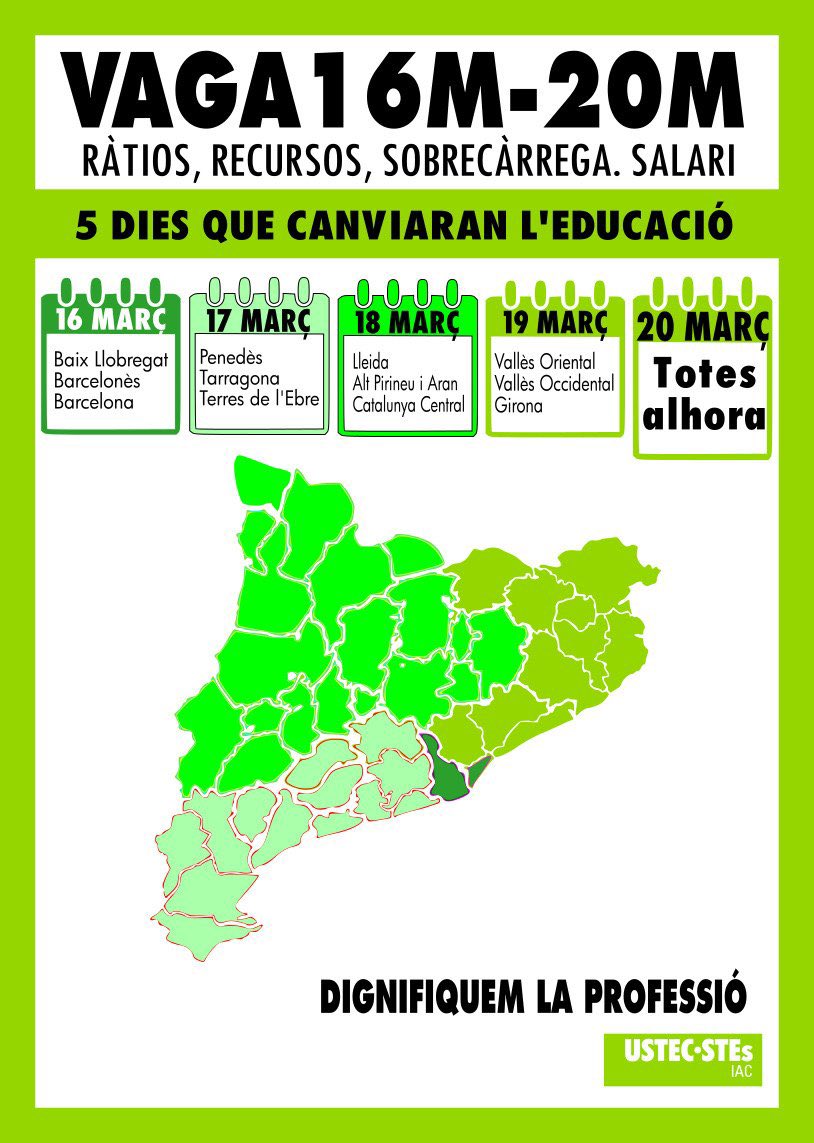USTEC_Girona's tweet photo. ‼️Seguim organitzant la vaga del 16M al 20M. 
5 dies que canviaran l'educació. #DignifiquemLaProfessió
@USTECSTEs https://t.co/08QmVLgtDy
