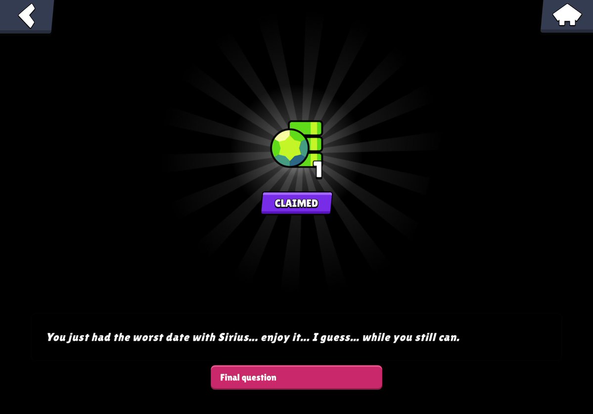 11 Gems from the Sirius Date Event #BrawlStars 

2-2-1-1: 10 gems
3-5-1-2-2: 1 gem