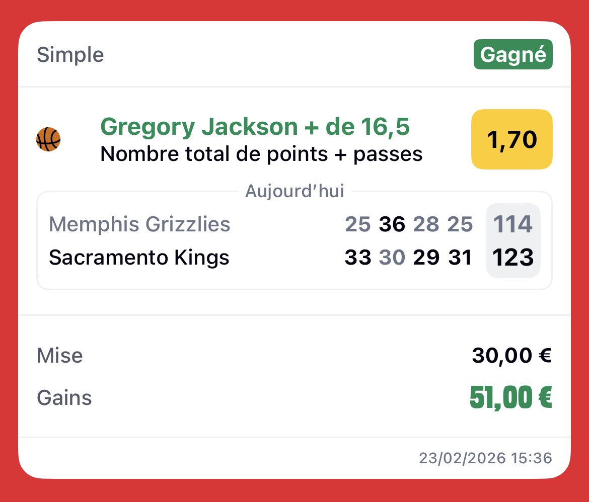 SknurtBetting's tweet photo. 🗓️ 23/02 - #NBA PERFECT (3/3) :

✅ Jalen Duren +28,5 PRP @ 1,70 | 1,5%
✅ GG Jackson II +16,5 PP @ 1,70 | 1,5%
✅ Kevin Durant -27,5 pts @ 1,72 | 1,5%

Ça fait du bien ! 3 top analyses qui se vérifient sur le parquet. J’espère que c’était suivi 🙏❤️ https://t.co/Om3hDfrLTz