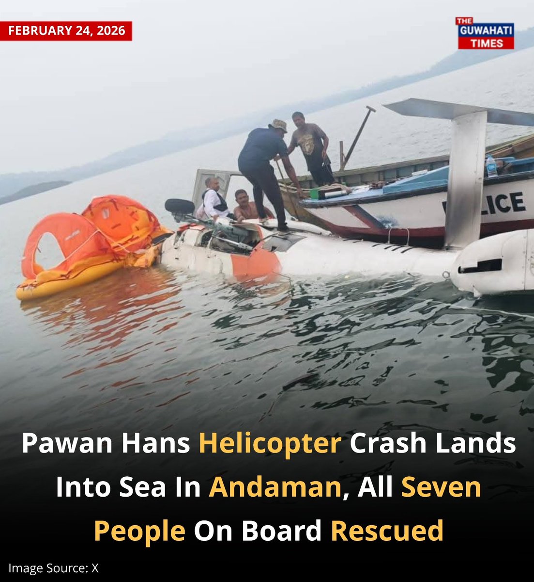 A Pawan Hans helicopter crash-landed into the sea after it took off from Mayabunder in North and Middle Andaman district on Tuesday (February 24) morning, with all seven people on board rescued safely and no injuries reported.

Read more: facebook.com/share/1Xj5gtuY…