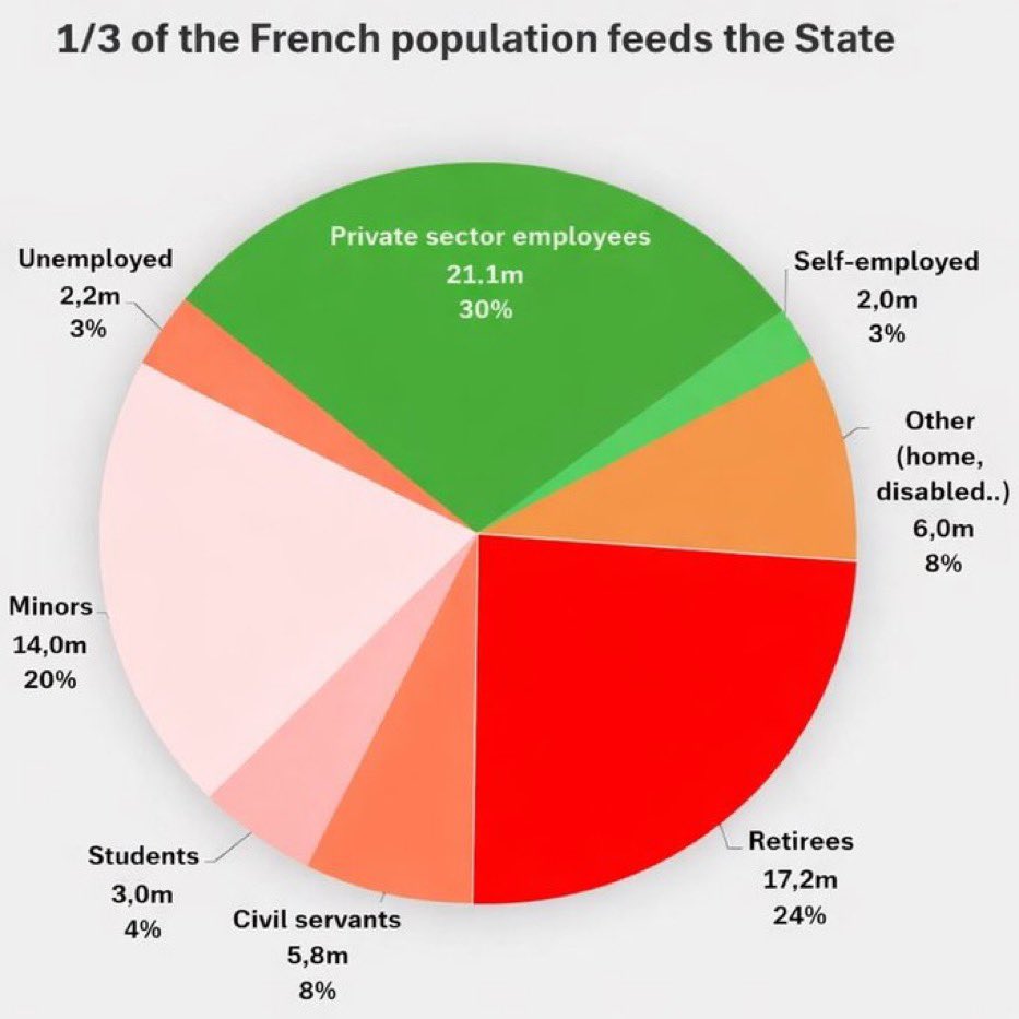 That’s eye-opening. Only 1/3 of the French have jobs in the private sector. How are they supposed to feed the other 2/3?

This explains the obscene French tax burden on labor. Unfortunately, it now creates a huge incentive to replace these expensive jobs with AI. Buckle up France