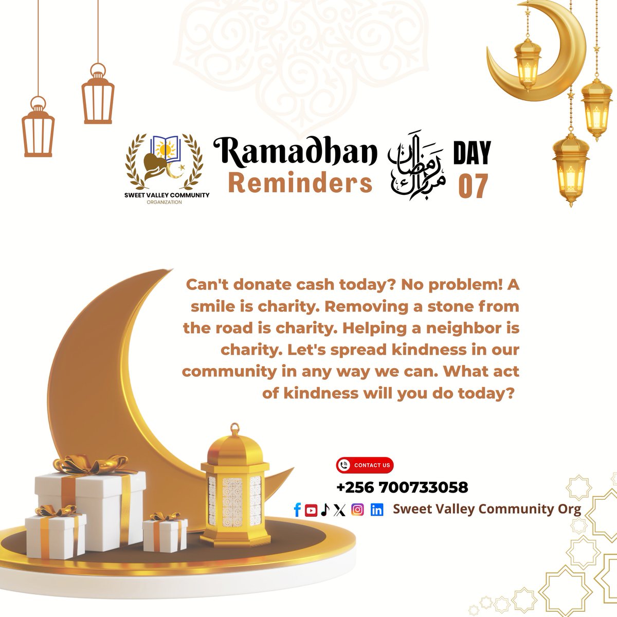 Can't donate cash today? No problem! A smile is charity. Removing a stone from the road is charity. Helping a neighbor is charity. Let's spread kindness in our community in any way we can. What act of kindness will you do today?
#Ramadhan #IslamicReminders #sweetvalleyCommunity