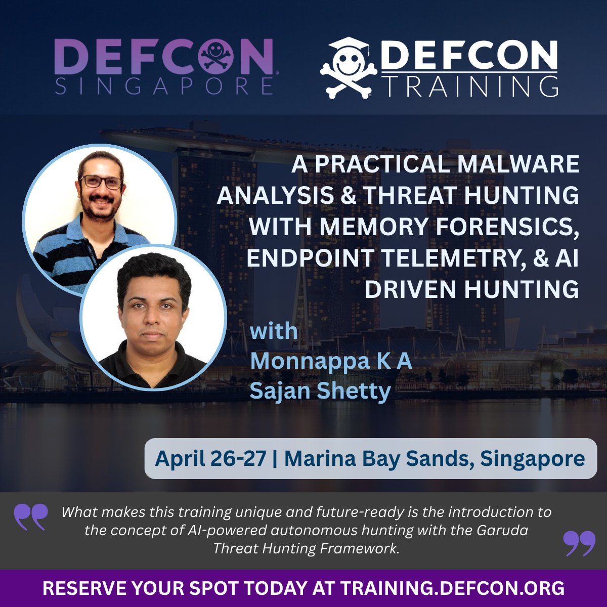 monnappa22's tweet photo. Learn malware analysis, memory forensics, reverse engineering, endpoint hunting &amp; AI-driven hunting at @defcon Singapore. Join our hands-on training + see AI-powered hunting in action (https://t.co/asbqCDRiqe). Register for the training here: https://t.co/mwyHfeuqGv https://t.co/aKLFVGtqwV