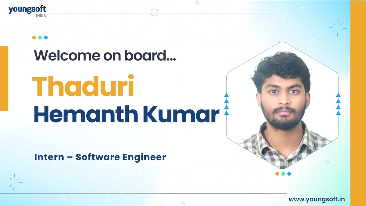 YoungsoftIndia's tweet photo. We extend a warm welcome to Thaduri Hemanth Kumar who has joined the Youngsoft India family as a Intern Software Engineer. We wholeheartedly wish him tremendous success in his new role.

#welcometotheteam #onboarding #welcomeaboard #newbeginnings https://t.co/jRrRkjrC5m