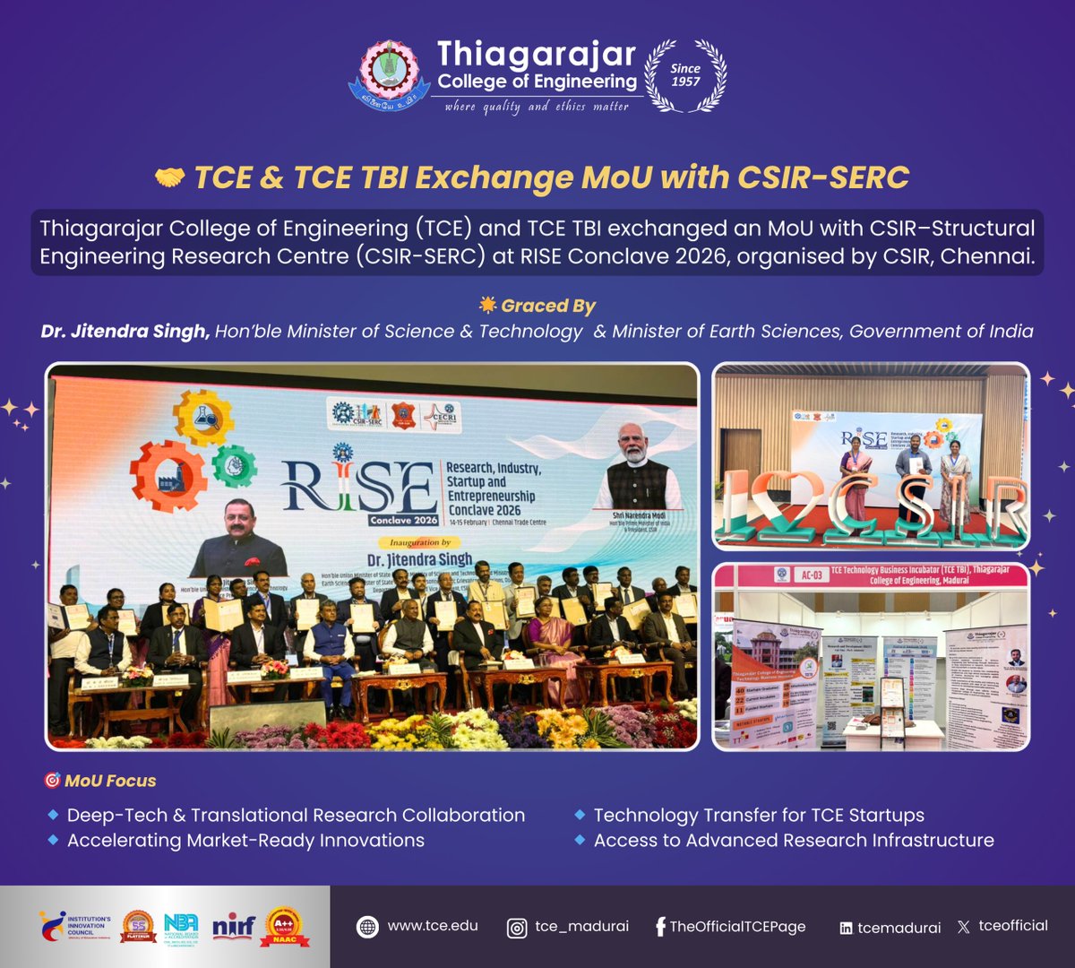 tceofficialpage's tweet photo. 🤝 TCE & TCE TBI MoU with CSIR–SERC | RISE Conclave 2026
📍 Feb 14–15 | Chennai Trade Centre
MoU focuses on tech transfer, advanced research access & deep-tech collaboration for startups. 🚀
Advancing innovation in Tamil Nadu!
#TCE #TCETBI #CSIRSERC #RISEConclave2026 #Innovation https://t.co/p0EGaRlqTU