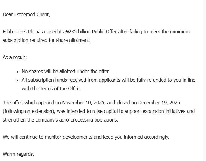 StockmanNigeria's tweet image. #MarketUpdates: Ellah Lakes Plc Public Offer Failed.