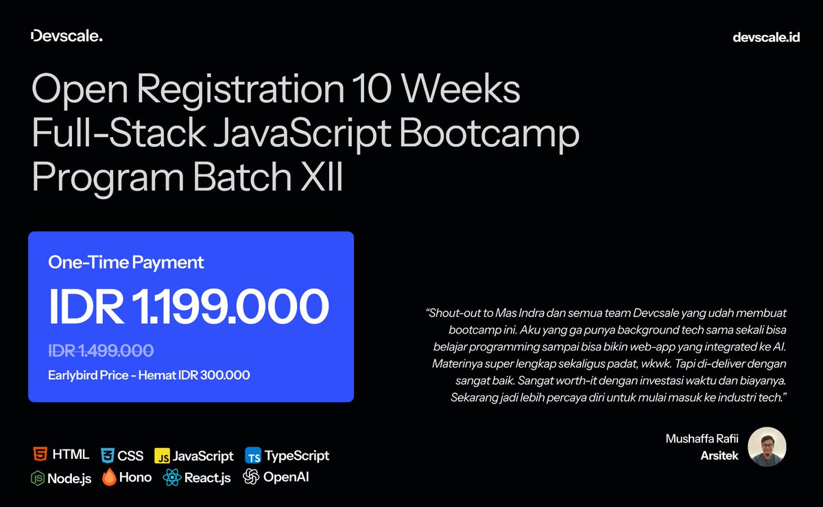 rez4rinaldi's tweet photo. Hai, Folks. Pendaftaran Program Bootcamp Full-Stack JavaScript sudah dibuka. Bagikan ke temen-temen yang berminat untuk join ke program bootcamp @devscaleid ini. Insyaallah kelas perdana akan dimulai setelah lebaran (31 Maret 2026). Informasi lengkap: https://t.co/SpIqbm3kfw https://t.co/KEjVzaoJSa