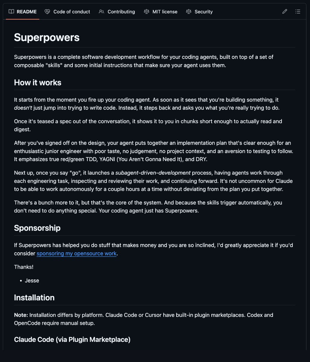 thisdudelikesAI's tweet photo. Holy shit... Someone just gave Claude Code a complete software development brain.

It's called Superpowers and it makes Claude plan, test, and ship code without going off the rails.

No junior dev babysitting. No context loss. No hallucinated plans.

100% Opensource. https://t.co/JeamuUSz6e