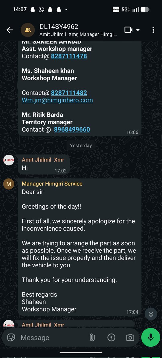 RahulTiwar41118's tweet photo. I pushed it back, and they confessed they lied. They never replaced the battery or the cooling fan because parts "weren't available" and they hadn't even ordered them! They wasted 11 days just passing time. Here is the Workshop Manager’s "apology" msg. Unacceptable.@HeroCareIN https://t.co/5rRPFEtP1l