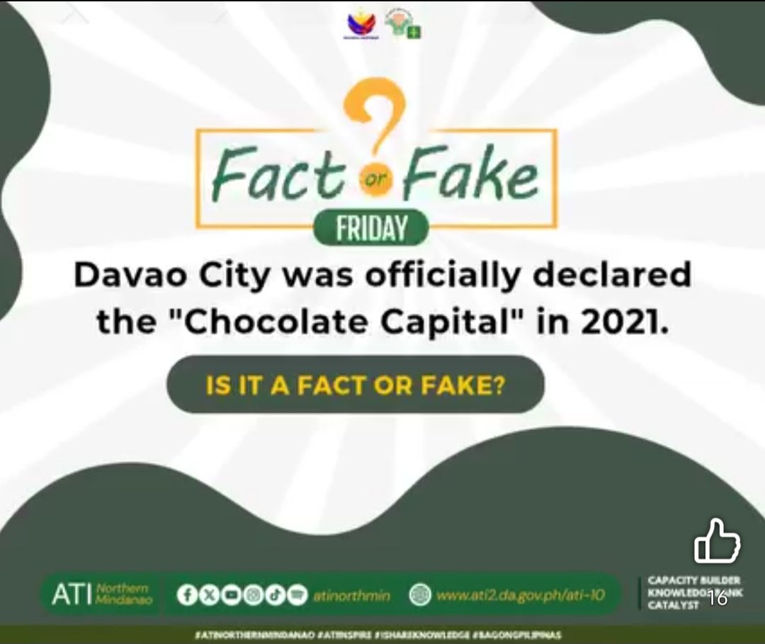 atinorthmin's tweet image. FACT OR  FAKE FRIDAY NAPOD MGA KA-AGRIFRIENDS!

"Davao City was officially declared the "Chocolate Capital in 2021."

IS THIS FACT OR FAKE?
i-comment ang 🍫 kung fact ang imong answer, and 👎 for  fake. 

ang answer basaha sa comment

#atinorthmin  #ishareknowledge  #factorfake