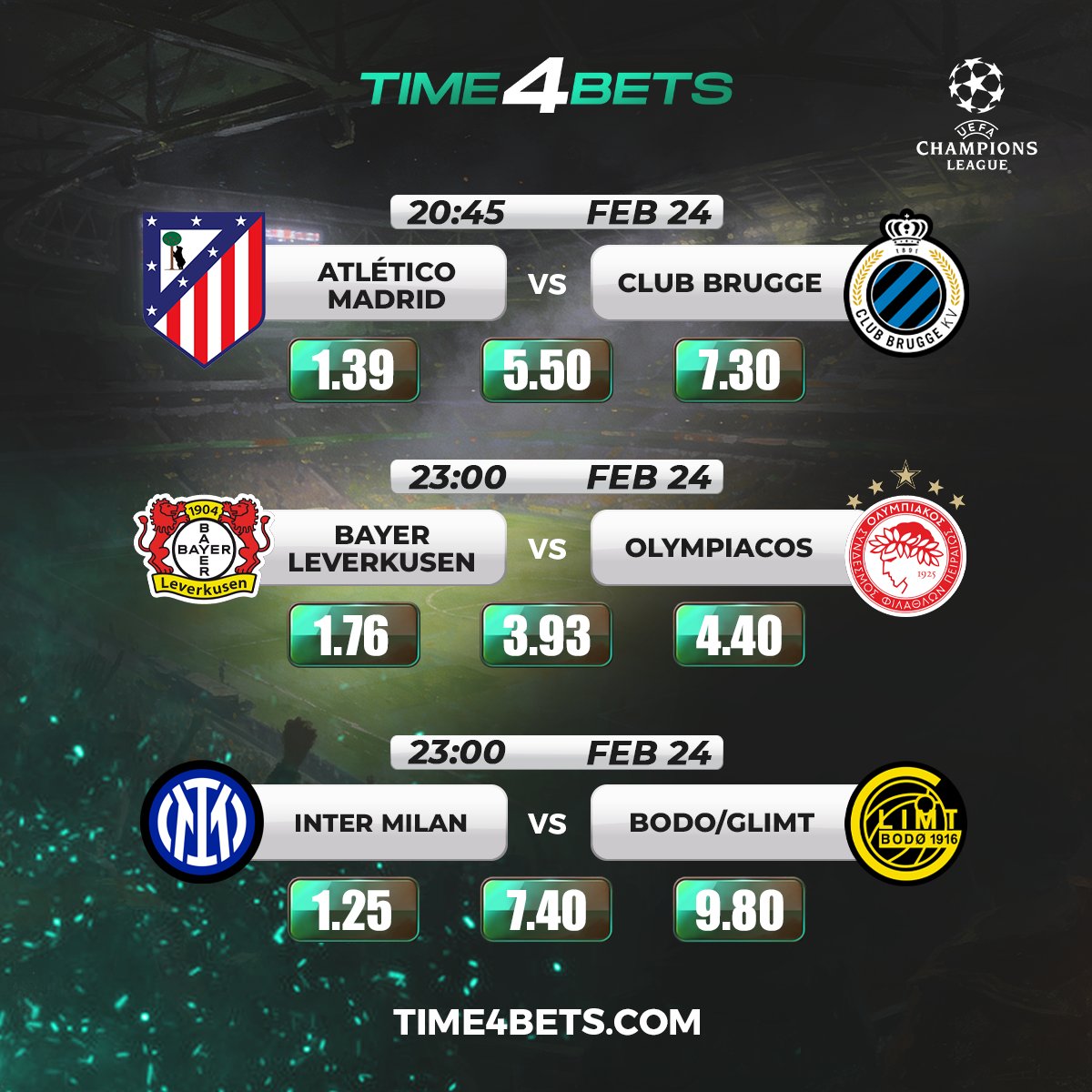 أكشن دوري أبطال أوروبا اليوم! ⚠️

⚽️⚡️يشتعل دوري أبطال أوروبا مع مواجهة أتلتيكو مدريد vs كلوب بروج بعد مباراة مثيرة انتهت 3-3، ويحمل باير ليفركوزن زخم الفوز ضد أولمبياكوس، بينما يواجه إنتر القاتلين العمالقة بودو/غليمت بعد مفاجأة 3-1.

🌐Website: time4bets.com