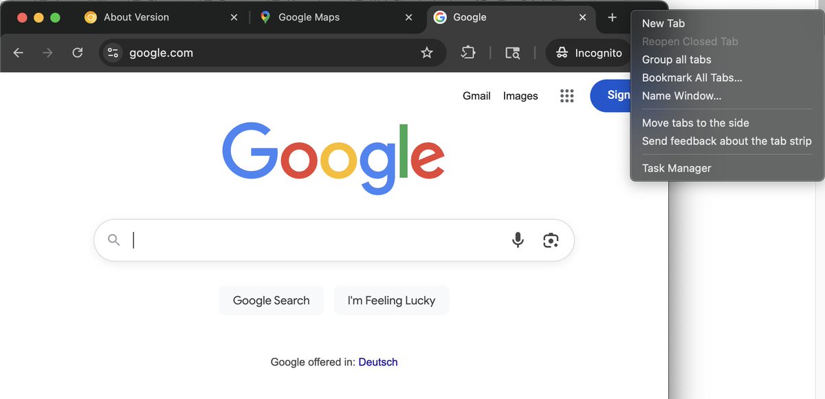 woolfib's tweet photo. @Stammy Vertical tabs can be set up even without touching flags: simply right-click on the tab strip in Chrome Canary and select "Move tabs to the side". https://t.co/i1nZtvHEa6