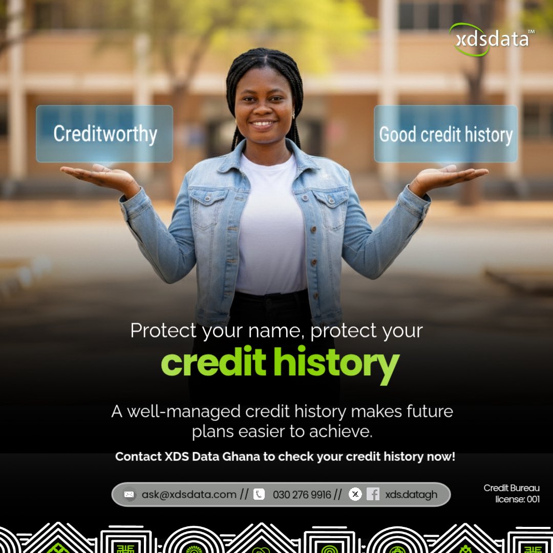 Protect your name, protect your credit history

A well-managed credit history makes future plans easier to achieve.

Contact XDS Data Ghana to check your credit history now!

#FastService 
#CreditReport 
#XDSDataGhana