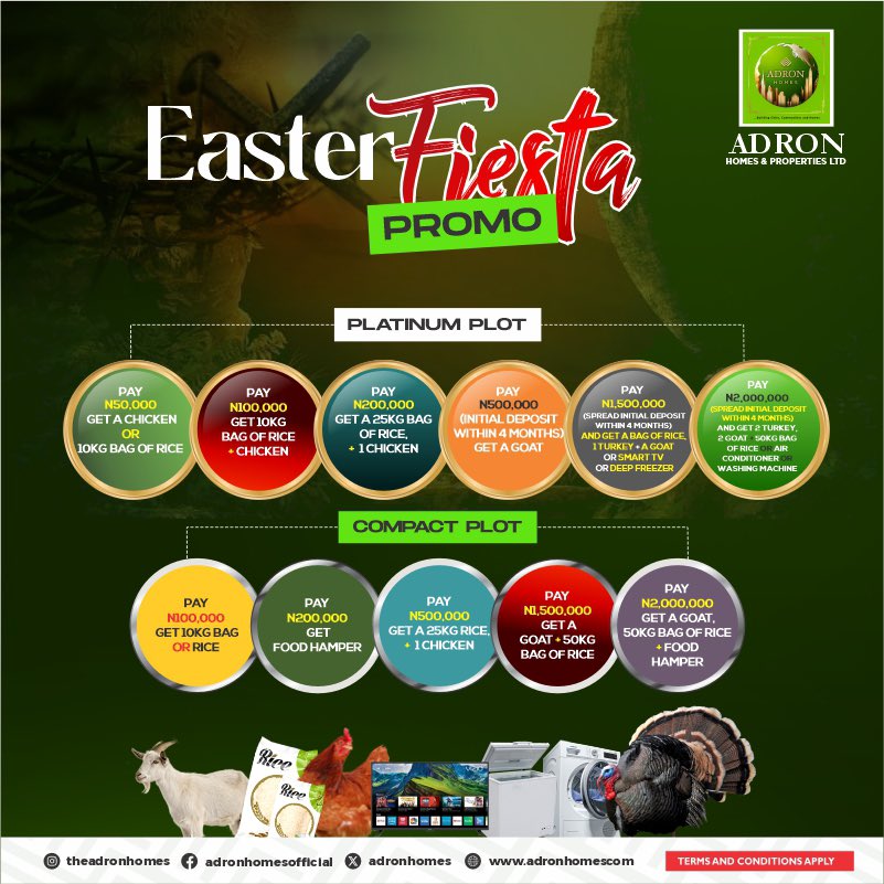 EASTER FIESTA PROMO 🥰🥳
🥰 Celebrate Easter with ownership that builds legacy. Enjoy 🛒 30% off and up to 36‑month flexible payment (Jan 7 → Jun 6, 2026). 🌟

📍 Estate Locations: Lagos • Ogun • Oyo • Ekiti • Abuja (FCT) • Nasarawa • Plateau • Osun • Niger

🎁 Platinum