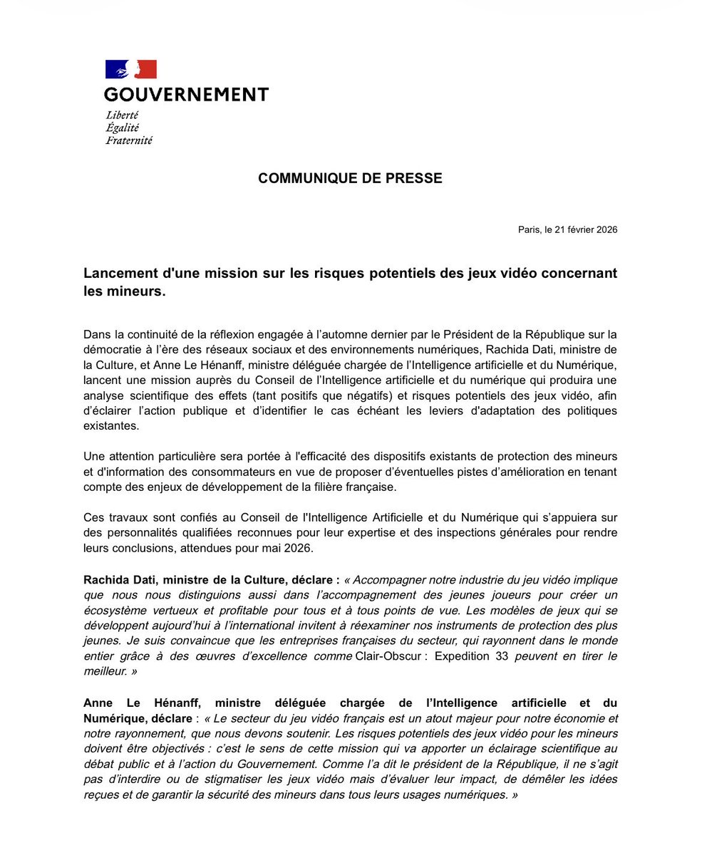 JFGuyot's tweet image. Les ministères de la Culture et de l’Intelligence artificielle et du Numérique lancent une mission sur les risques potentiels des #jeuxvidéo concernant les mineurs