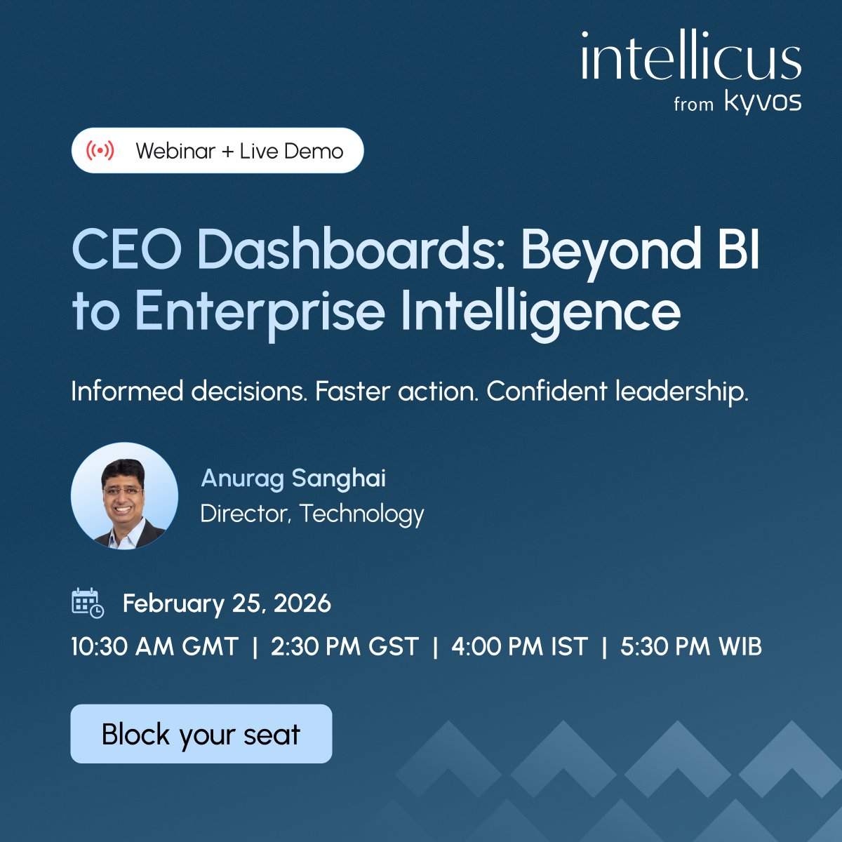 Don’t miss the last chance to join our #webinar and see how Intellicus CEO Dashboards deliver 360° visibility, predictive insights and supports proactive decision-making for industry leaders.
Block your spot before registration closes. intellicus.com/ceo-dashboards…