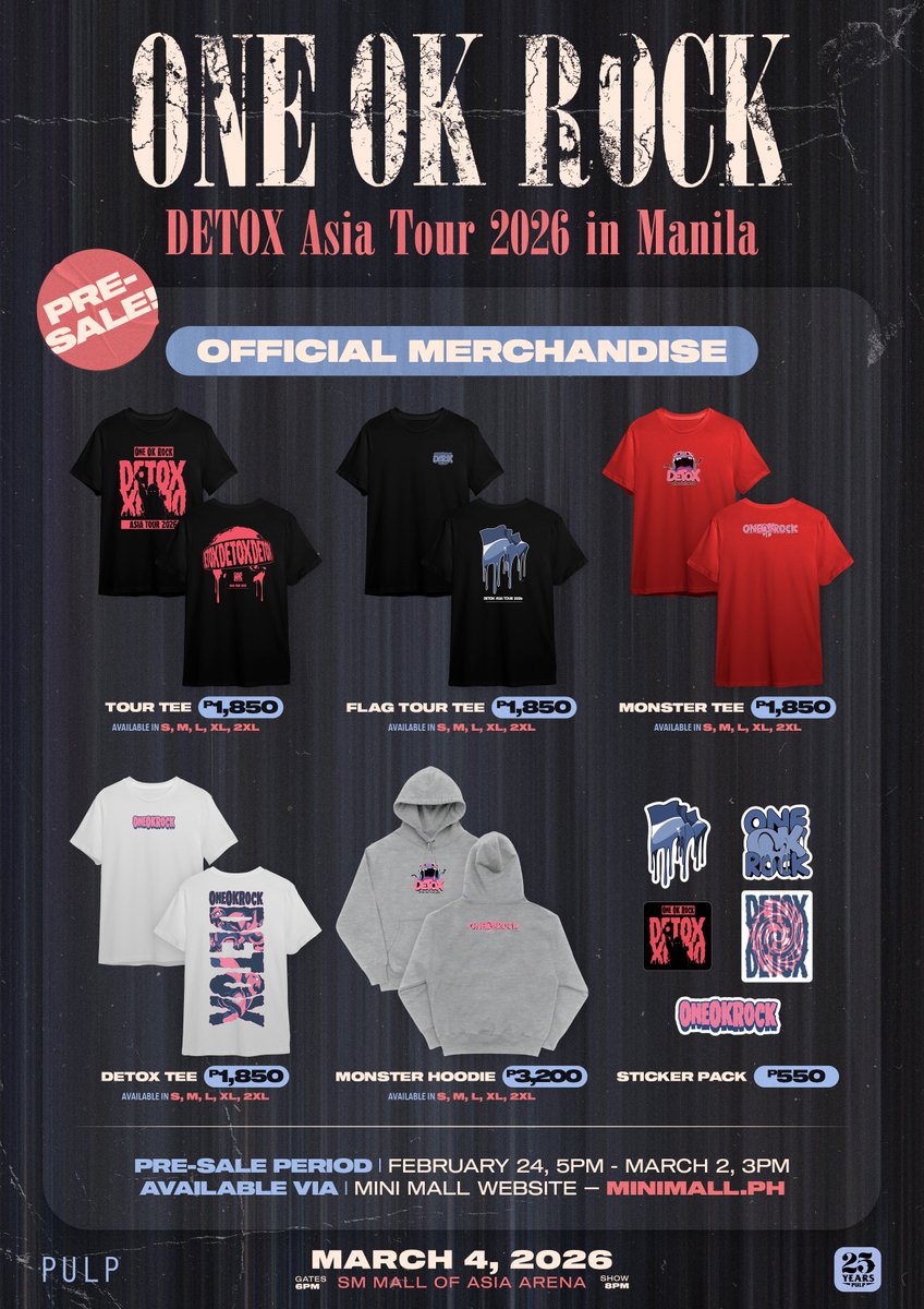 pulpliveworld's tweet photo. The wait is finally over, OORer. 🔥 The official merch of ONE OK ROCK (@ONEOKROCK_japan) has arrived!

From must-have items to standout pieces, there’s plenty to choose from, so make sure you secure your favorites early. 🤝 Pre-order starts TODAY to guarantee your items before show day selling and avoid the risk of sold-out stocks. 🫣

🗓 Pre-Order Dates: February 24, 5PM – March 2, 3PM (PHT)
🔗 Pre-order here: https://t.co/mqB85E6Fij

Lock it in now and be concert-ready! 🤘

#ONEOKROCKinMNL2026
